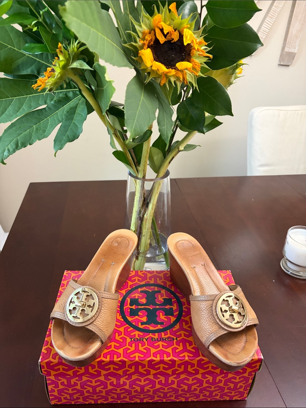 Tory Burch Brown Leather Logo Slide Wedges